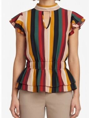 a'gaci Multicolor Vertical Stripe Ruffled Peplum Top